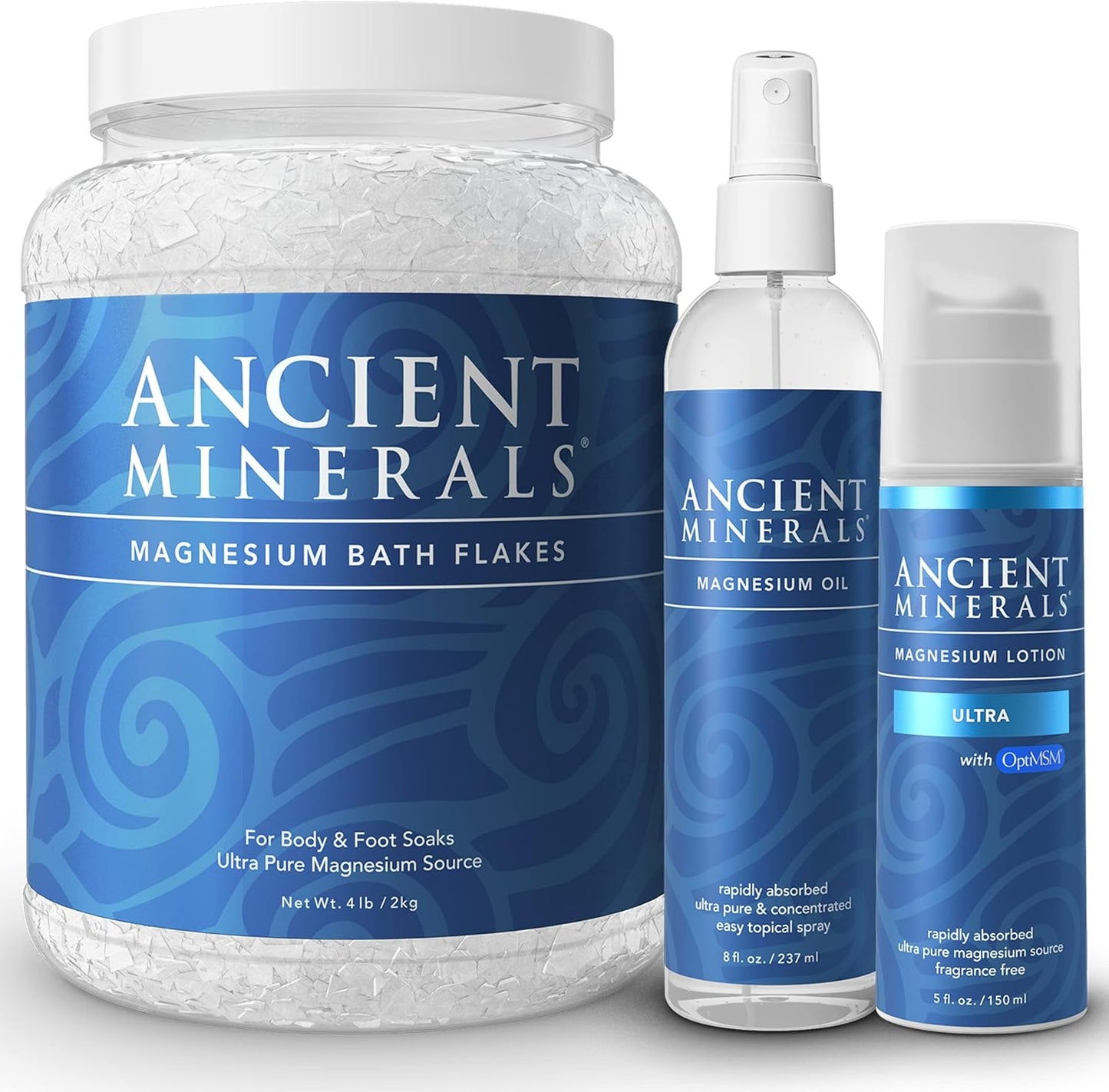 High-Absorption Ancient Minerals Magnesium Bath Flakes, Oil Spray, and Lotion with MSM for Relaxation, Wellness & Muscle Relief