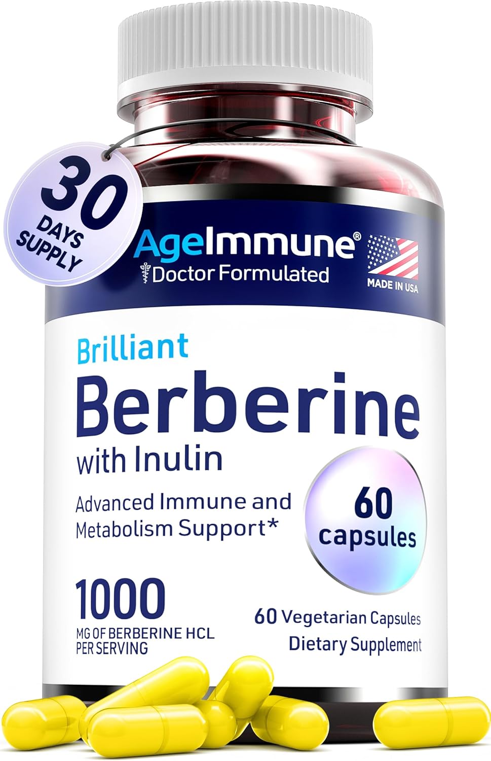 High Absorption Berberine 1000mg Supplement with Inulin Prebiotic - Doctor Formulated for Immune Support - 500mg Berberine per Capsule - Trusted Doctor-Owned Brand