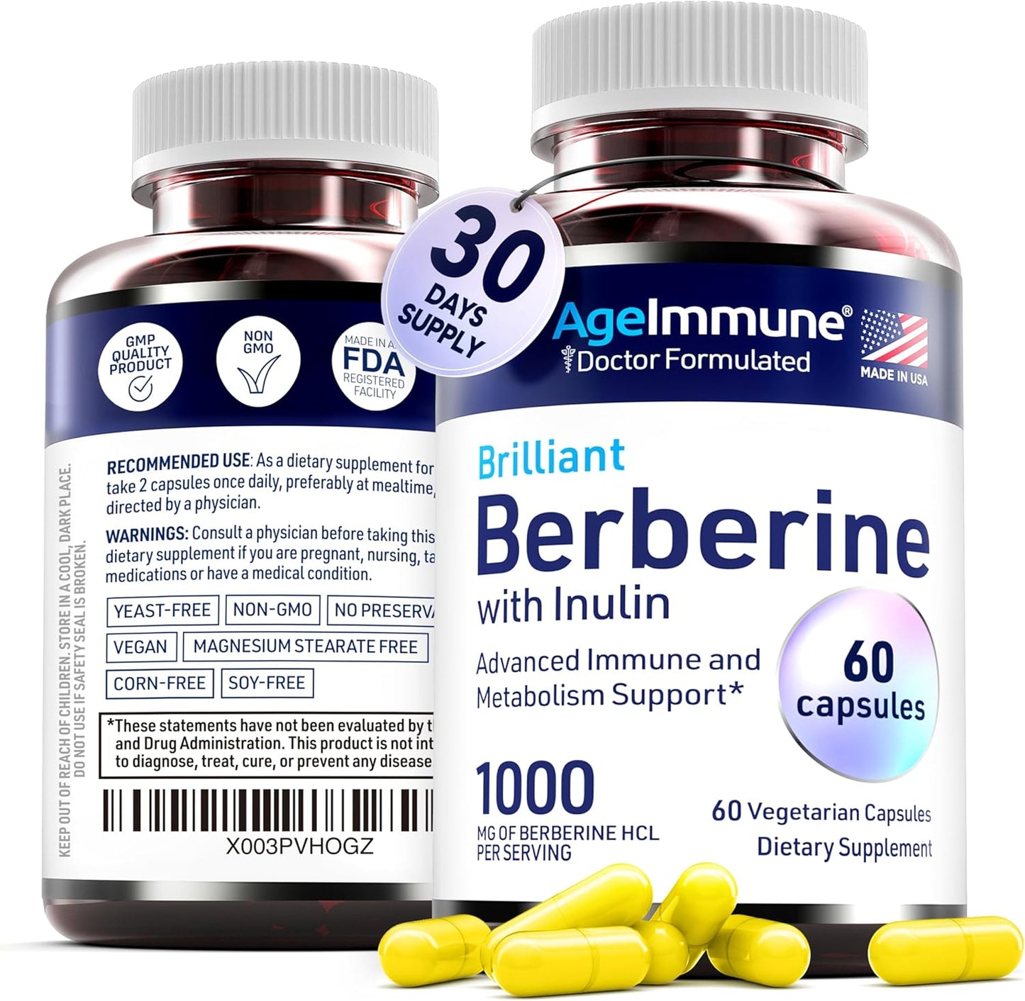 High Absorption Berberine 1000mg Supplement with Inulin Prebiotic - Doctor Formulated for Immune Support - 500mg Berberine per Capsule - Trusted Doctor-Owned Brand