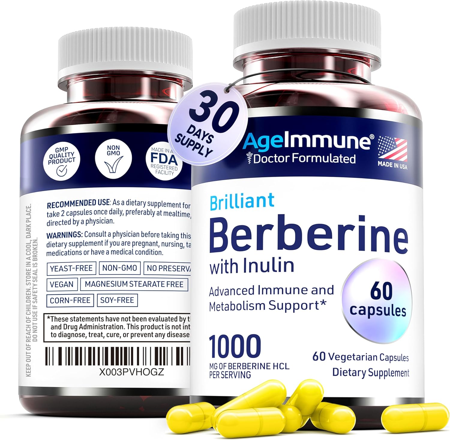 High Absorption Berberine 1000mg Supplement with Inulin Prebiotic - Doctor Formulated for Immune Support - 500mg Berberine per Capsule - Trusted Doctor-Owned Brand