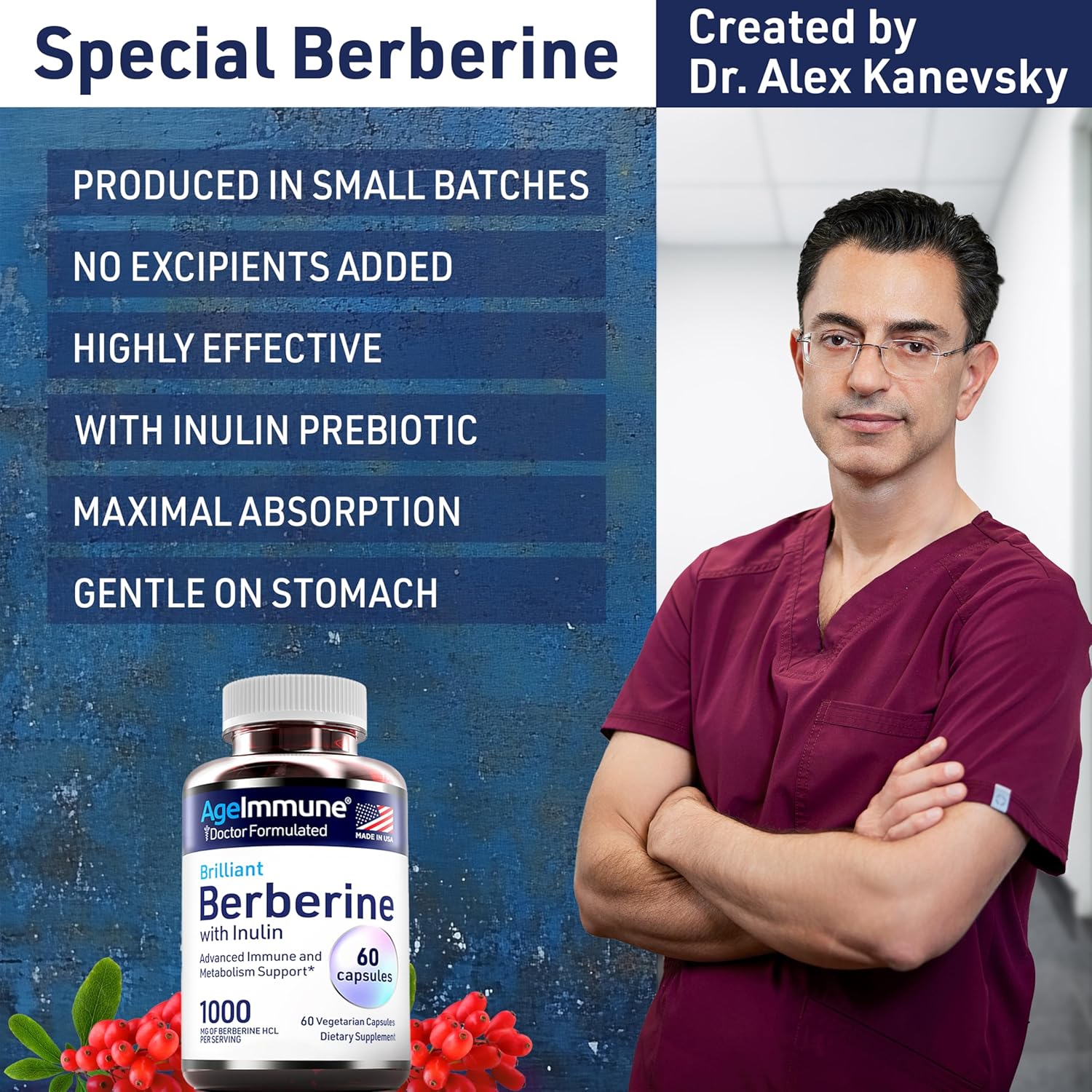High Absorption Berberine 1000mg Supplement with Inulin Prebiotic - Doctor Formulated for Immune Support - 500mg Berberine per Capsule - Trusted Doctor-Owned Brand