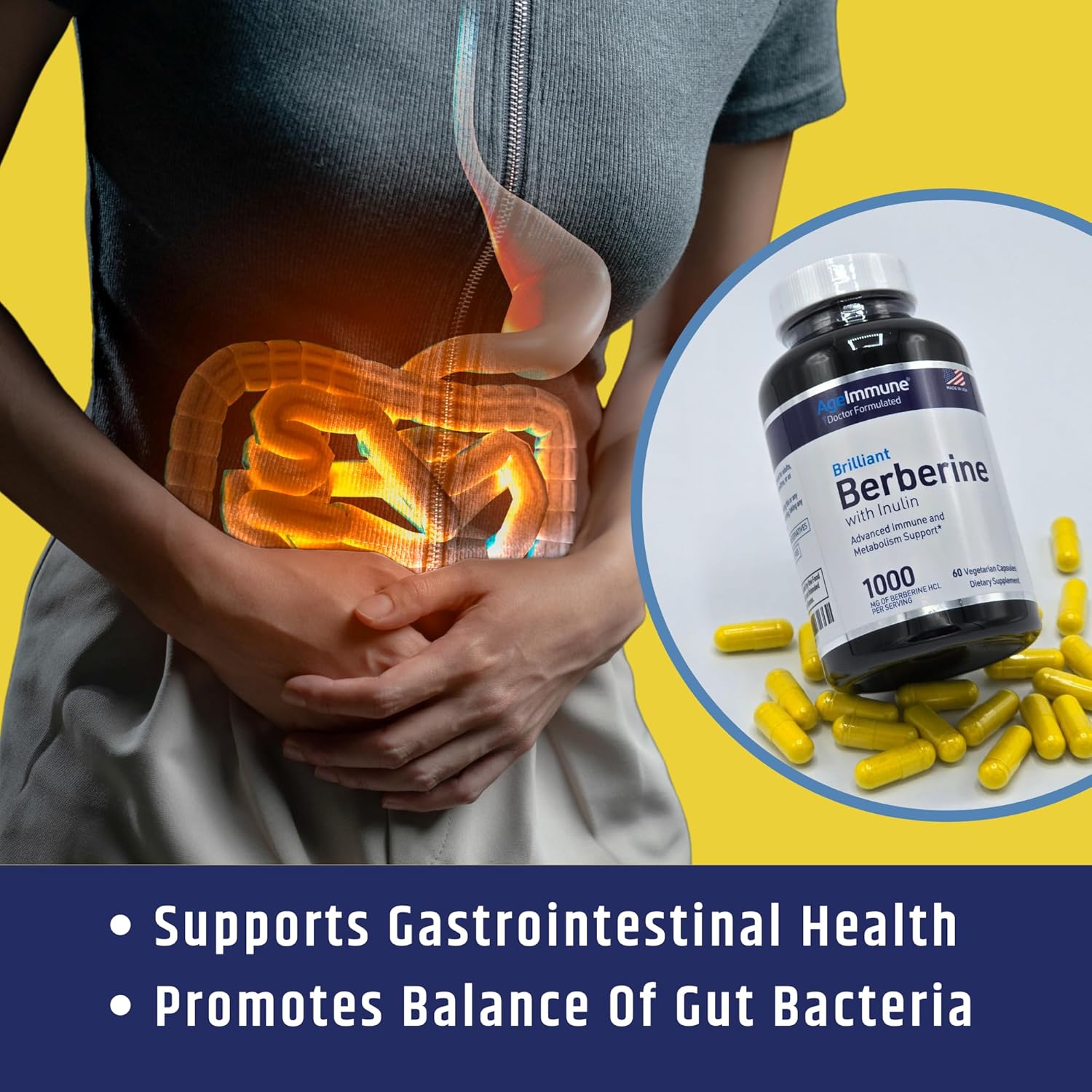 High Absorption Berberine 1000mg Supplement with Inulin Prebiotic - Doctor Formulated for Immune Support - 500mg Berberine per Capsule - Trusted Doctor-Owned Brand