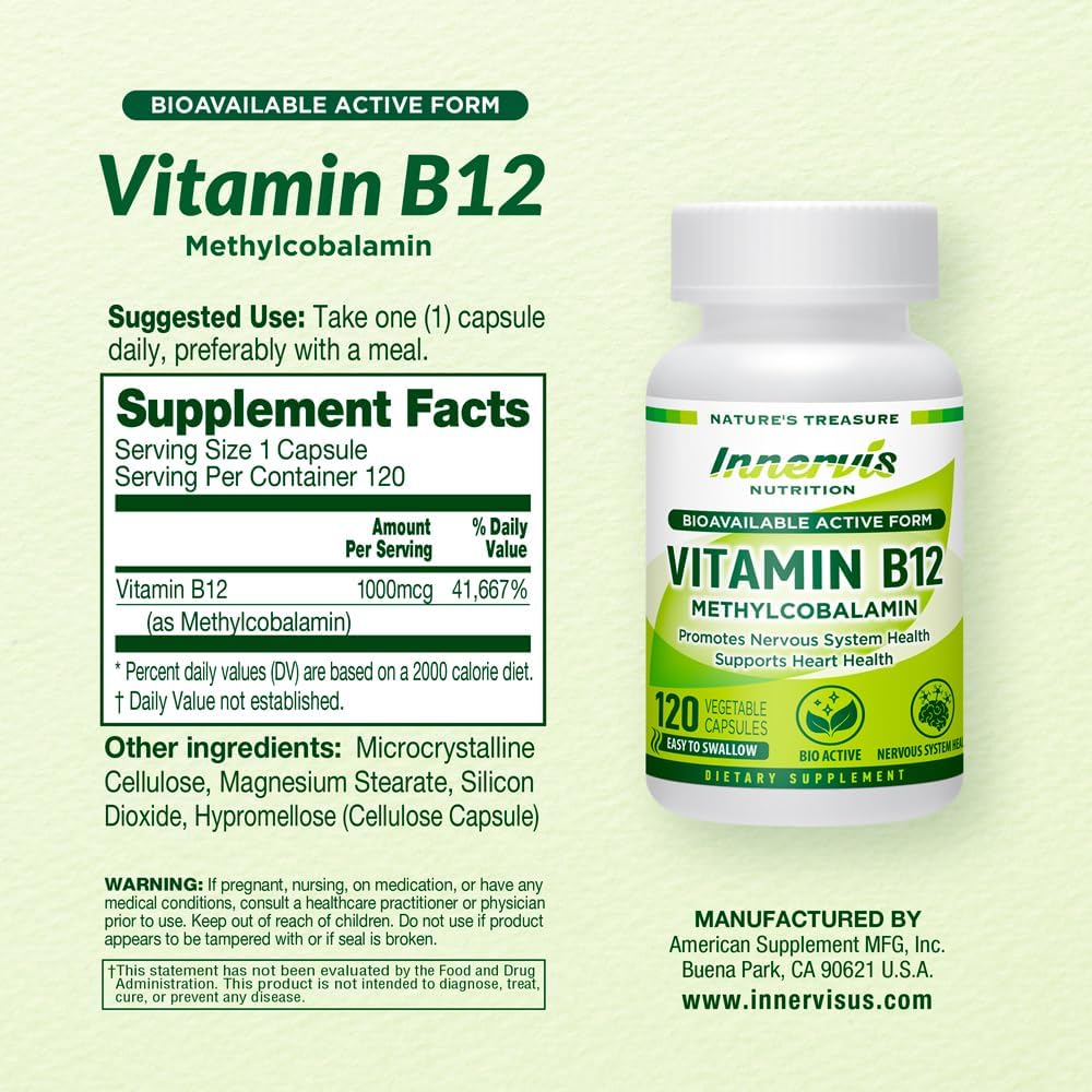 High Absorption BioActive B12 Methylcobalamin 1000mcg - Supports Energy, Nerve & Heart Health - 120 Vegan Capsules - Non-GMO - Made in USA