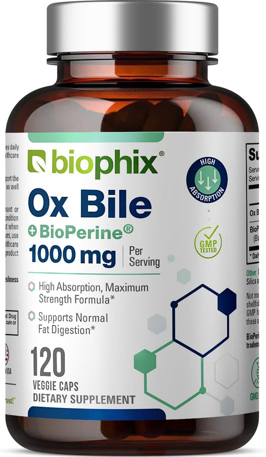 High Absorption Biophix Ox Bile with BioPerine 1000 mg - Digestive Enzymes Supplement for Liver & Metabolism Support - 120 Veggie Capsules
