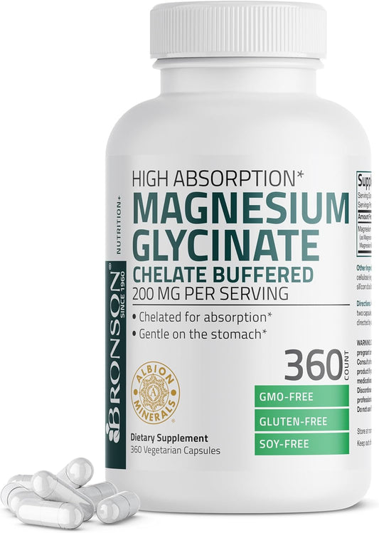High Absorption Bronson Magnesium Glycinate 200 MG Chelated Capsules - 360 Vegetarian, Non-GMO, Gentle on Stomach