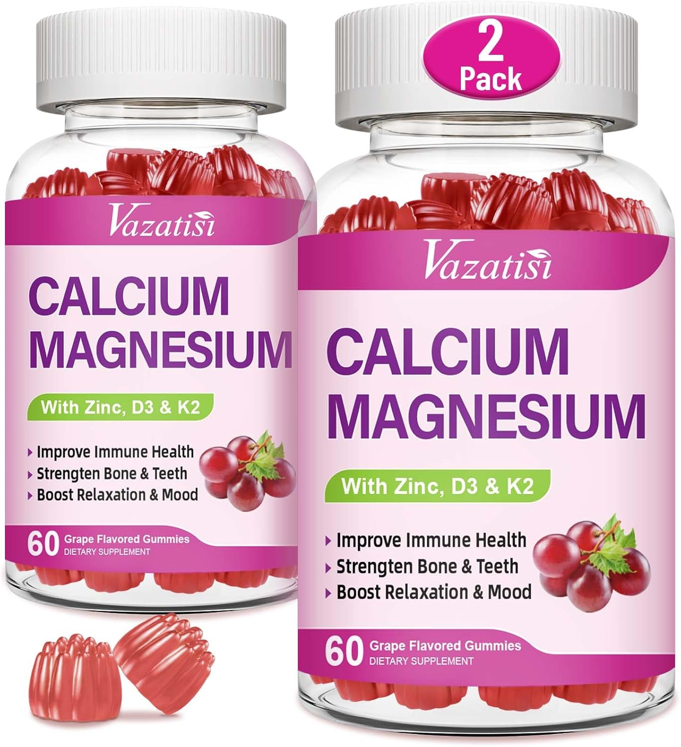 High Absorption Calcium Magnesium Zinc Gummies with Vitamin D3 and K2, Potent Magnesium Glycinate for Immune Support, Bone Health, and Muscle Function, Grape Flavor 120 Gummies
