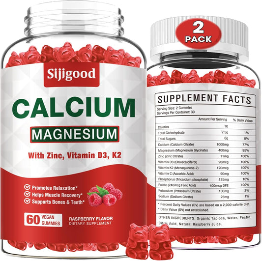 High Absorption Calcium Magnesium Zinc Gummies with Vitamin D3 & K2 - Bone, Muscle, Calm & Sleep Support - Raspberry Flavored, 120 ct