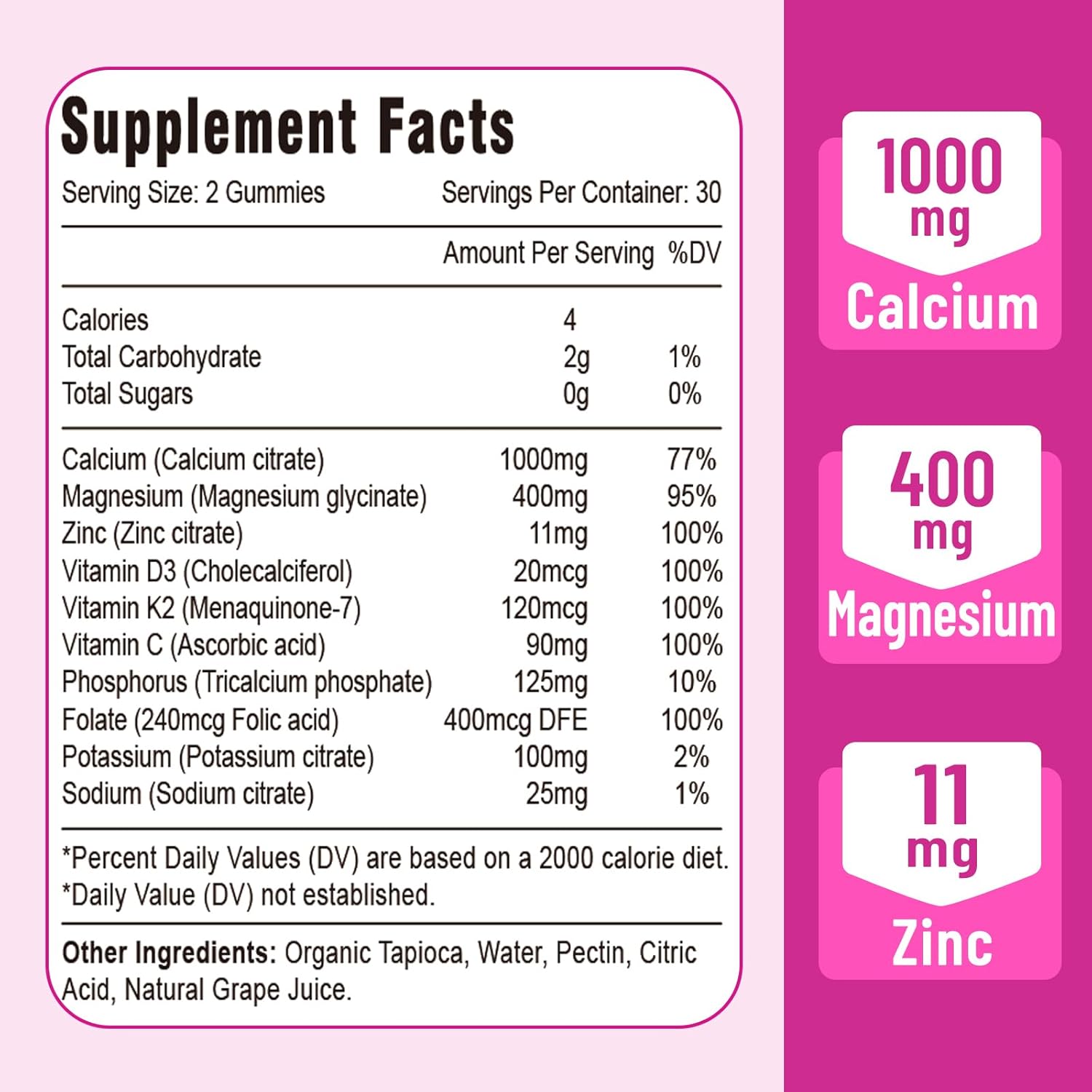 High Absorption Calcium Magnesium Zinc Gummies with Vitamin D3 and K2, Potent Magnesium Glycinate for Immune Support, Bone Health, and Muscle Function, Grape Flavor 120 Gummies