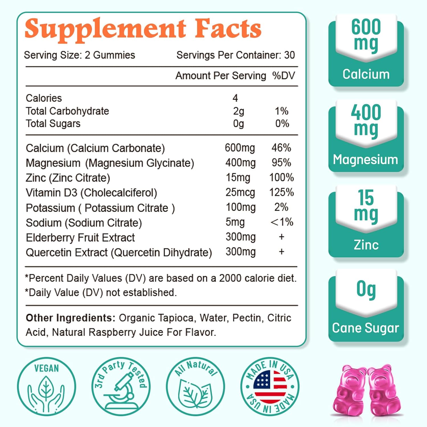 High Absorption Calcium Magnesium Zinc Gummies with Magnesium Glycinate - Vegan Bone & Teeth Strength Supplement - Sugar Free, 120 Count