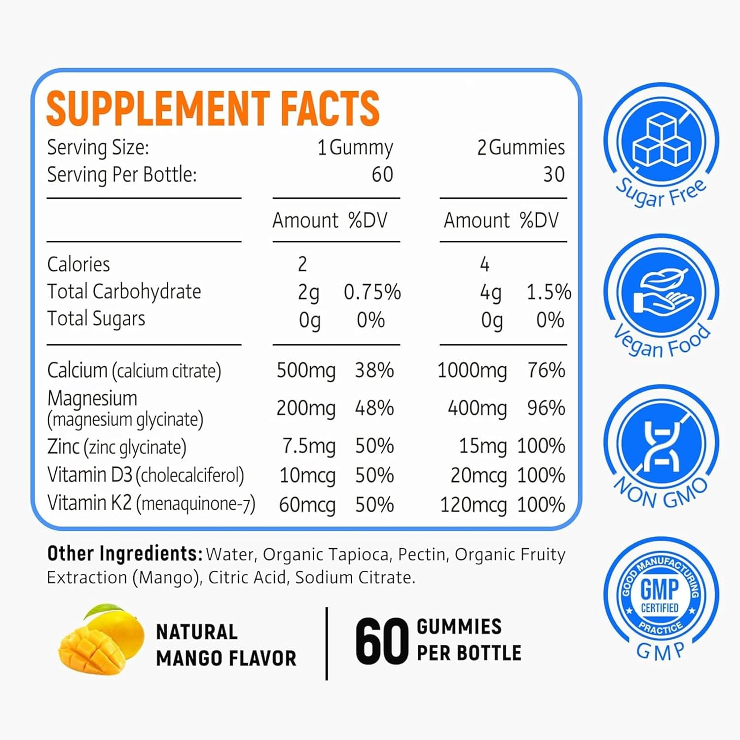 High Absorption Calcium, Magnesium, Zinc Gummies with Vitamin D3 & K2 - Sugar Free Supplement for Bone & Muscle Health - 2 Pack
