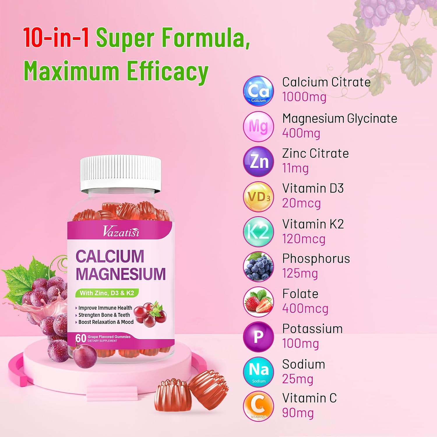 High Absorption Calcium Magnesium Zinc Gummies with Vitamin D3 and K2, Potent Magnesium Glycinate for Immune Support, Bone Health, and Muscle Function, Grape Flavor 120 Gummies