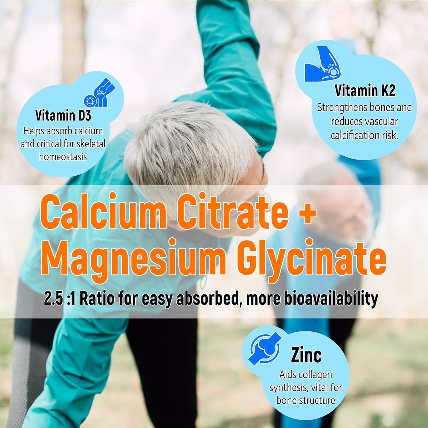 High Absorption Calcium, Magnesium, Zinc Gummies with Vitamin D3 & K2 - Sugar Free Supplement for Bone & Muscle Health - 2 Pack