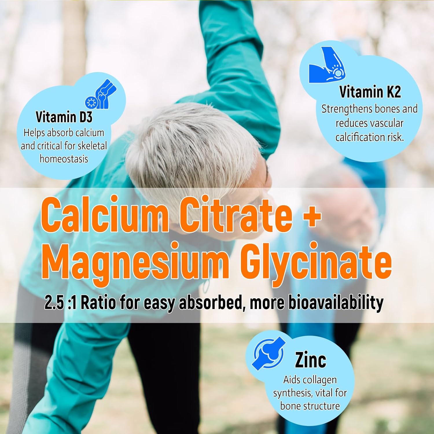 High Absorption Calcium, Magnesium, Zinc Gummies with Vitamin D3 & K2 - Sugar Free Supplement for Bone & Muscle Health - 2 Pack