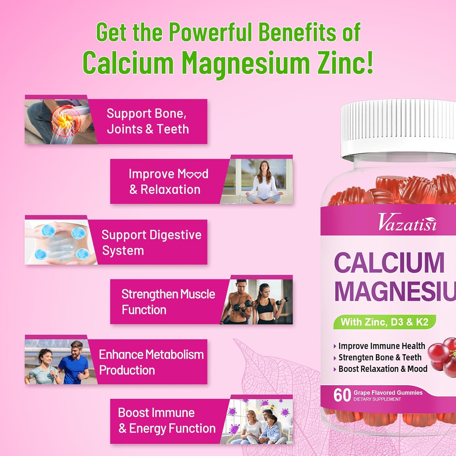 High Absorption Calcium Magnesium Zinc Gummies with Vitamin D3 and K2, Potent Magnesium Glycinate for Immune Support, Bone Health, and Muscle Function, Grape Flavor 120 Gummies