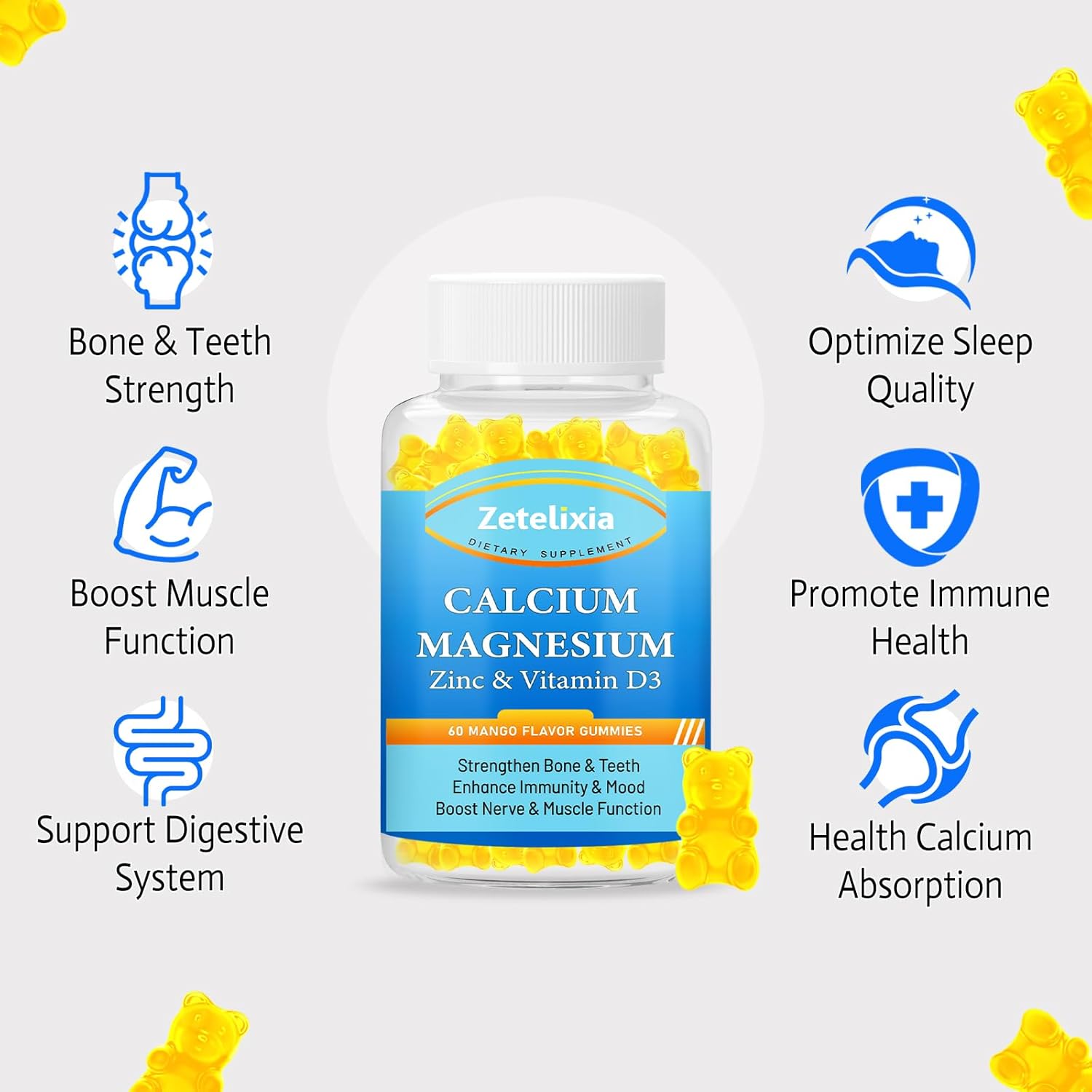 High Absorption Calcium, Magnesium, Zinc Gummies with Vitamin D3 & K2 - Sugar Free Supplement for Bone & Muscle Health - 2 Pack