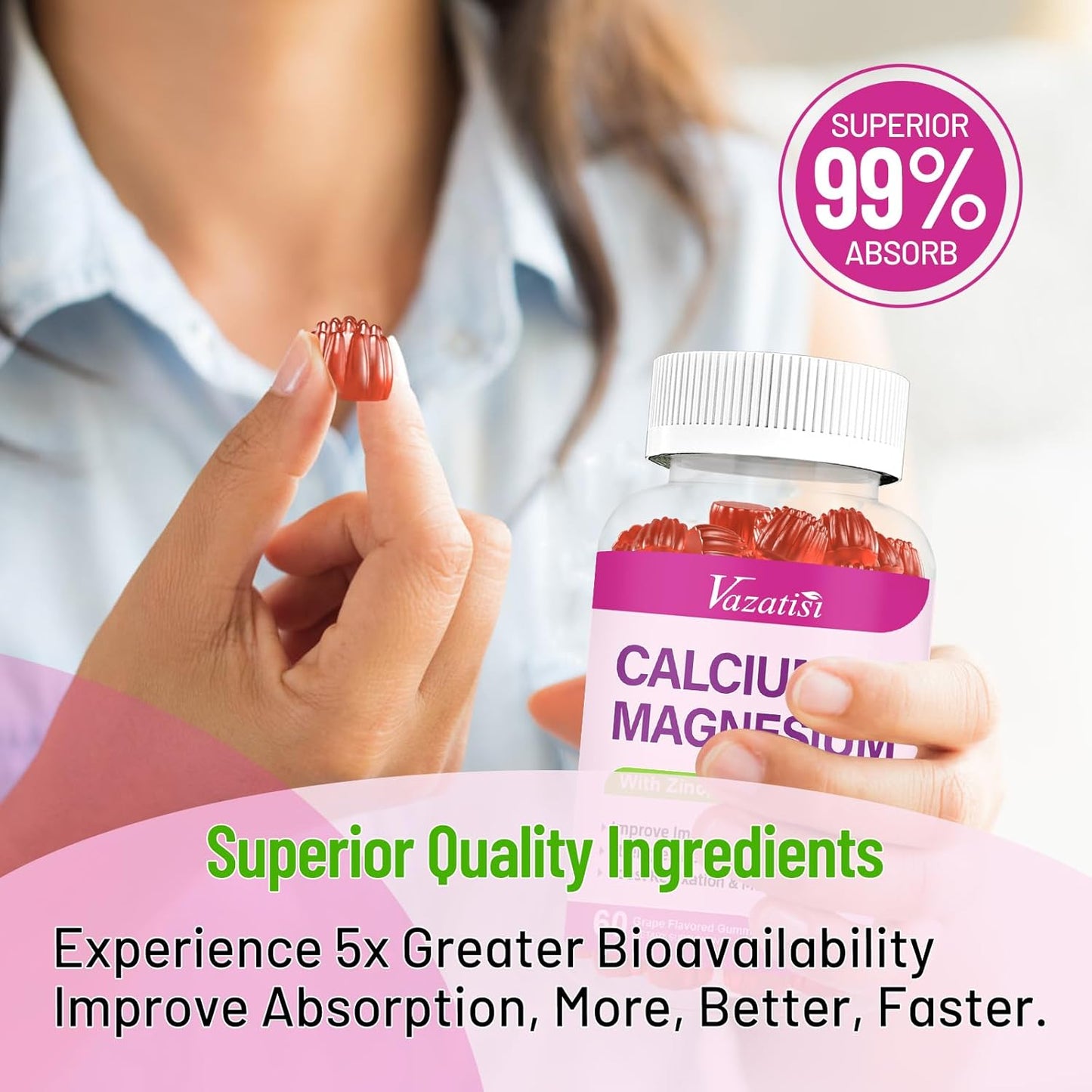 High Absorption Calcium Magnesium Zinc Gummies with Vitamin D3 and K2, Potent Magnesium Glycinate for Immune Support, Bone Health, and Muscle Function, Grape Flavor 120 Gummies