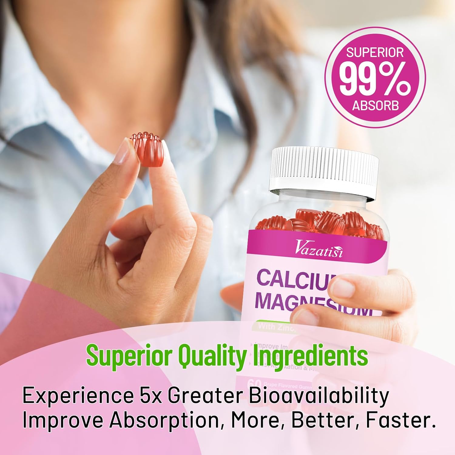 High Absorption Calcium Magnesium Zinc Gummies with Vitamin D3 and K2, Potent Magnesium Glycinate for Immune Support, Bone Health, and Muscle Function, Grape Flavor 120 Gummies