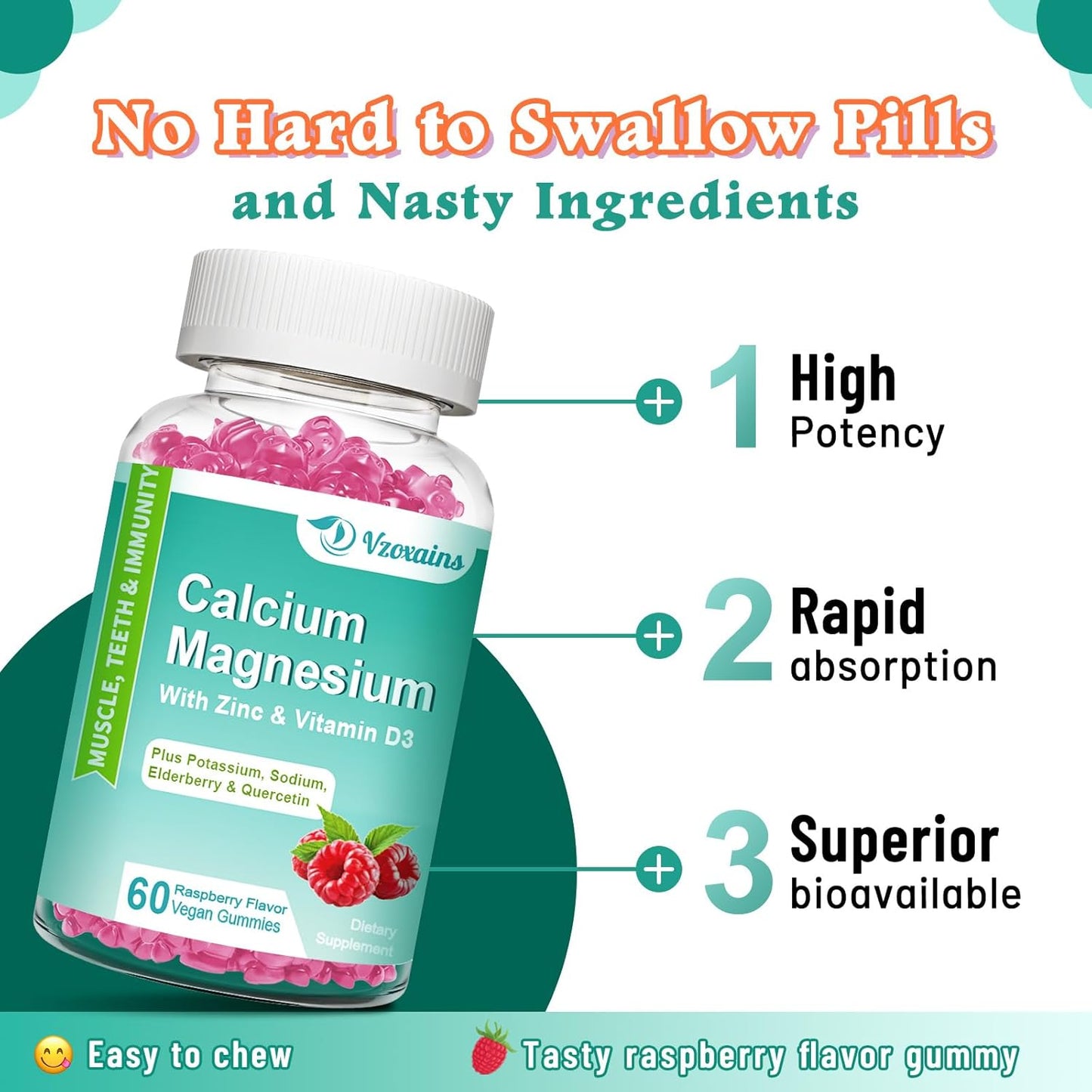 High Absorption Calcium Magnesium Zinc Gummies with Magnesium Glycinate - Vegan Bone & Teeth Strength Supplement - Sugar Free, 120 Count