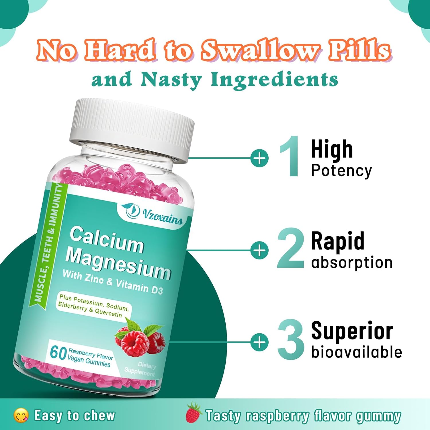 High Absorption Calcium Magnesium Zinc Gummies with Magnesium Glycinate - Vegan Bone & Teeth Strength Supplement - Sugar Free, 120 Count