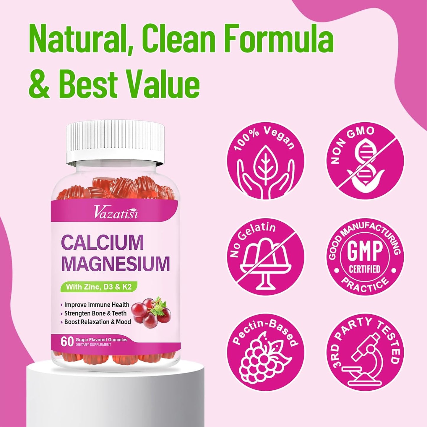 High Absorption Calcium Magnesium Zinc Gummies with Vitamin D3 and K2, Potent Magnesium Glycinate for Immune Support, Bone Health, and Muscle Function, Grape Flavor 120 Gummies