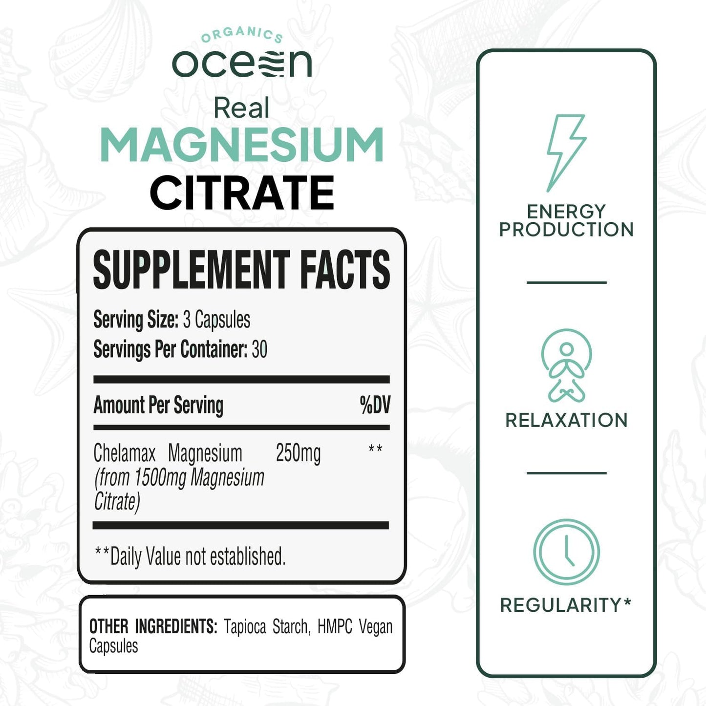 High Absorption Chelated Magnesium Supplement for Energy, Relaxation, and Regularity - Organics Ocean Real Magnesium Citrate