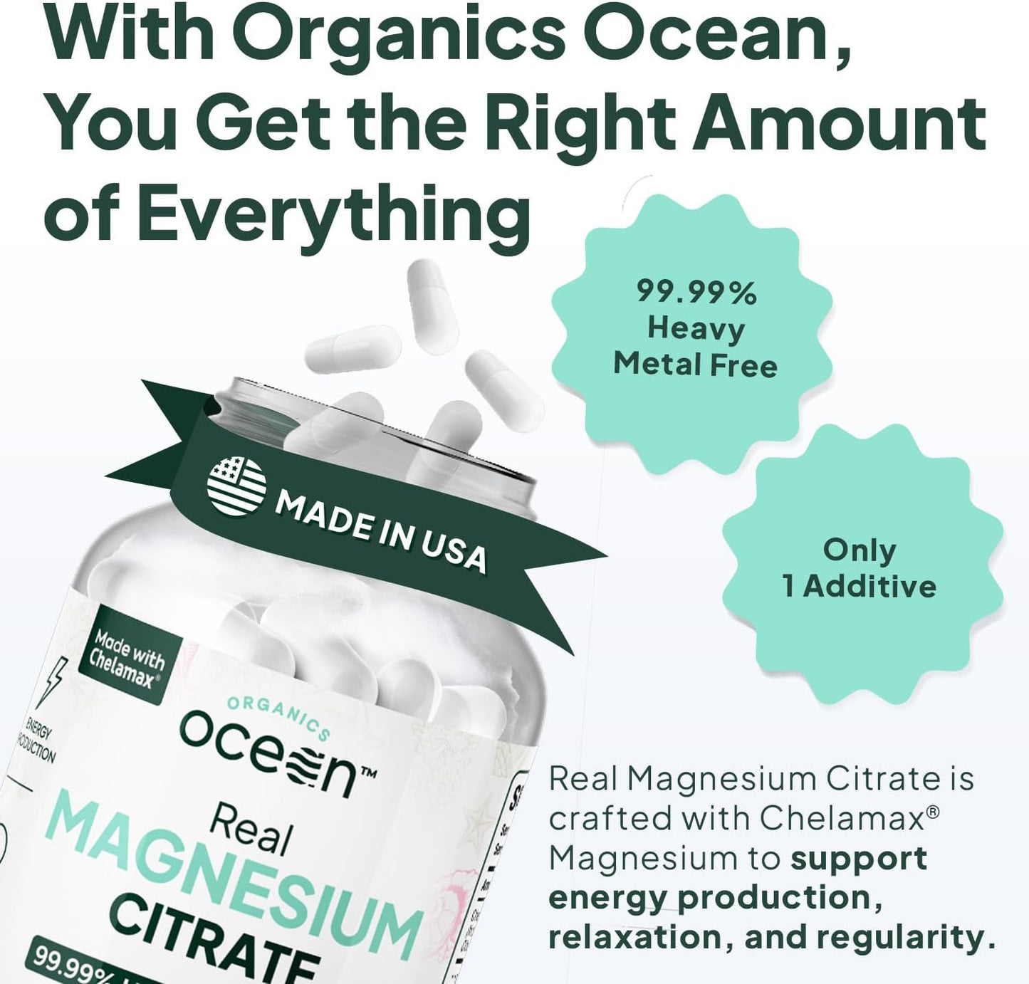 High Absorption Chelated Magnesium Supplement for Energy, Relaxation, and Regularity - Organics Ocean Real Magnesium Citrate