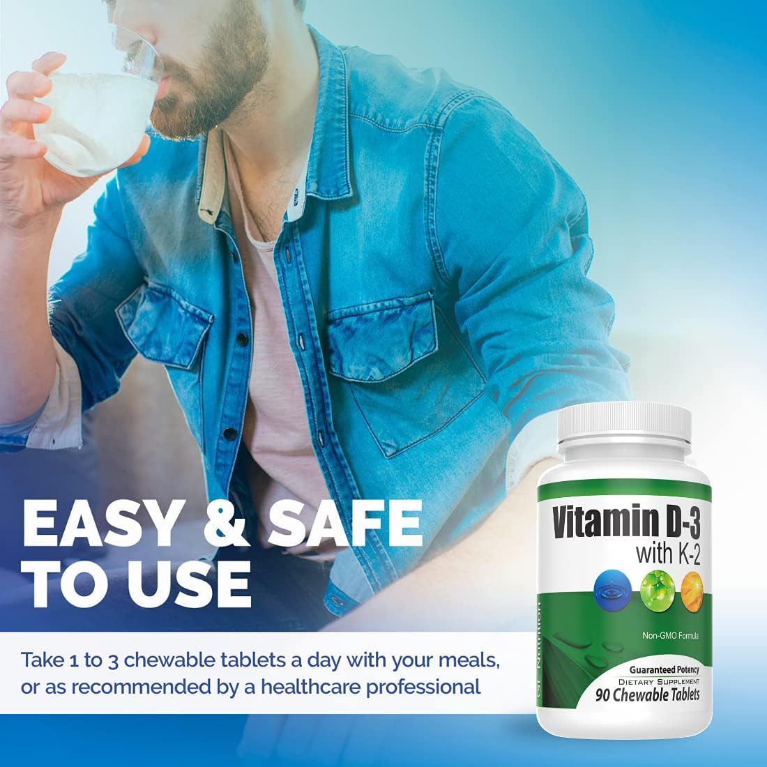 High Absorption Chewable Vitamin D3 + K2 Tablets | Great Lakes Nutrition | 90 Count | Heart, Bones, Skin, Dental Health | Regulates Immune Function