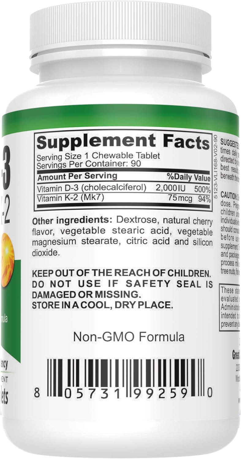 High Absorption Chewable Vitamin D3 + K2 Tablets | Great Lakes Nutrition | 90 Count | Heart, Bones, Skin, Dental Health | Regulates Immune Function