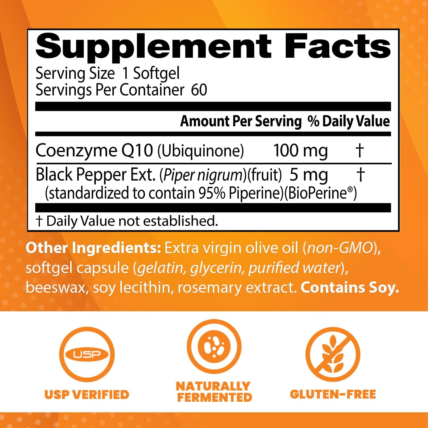 High Absorption CoQ10 with BioPerine for Heart Health & Energy, 100 mg, 60 Softgels by Doctor's Best - Gluten Free & Naturally Fermented