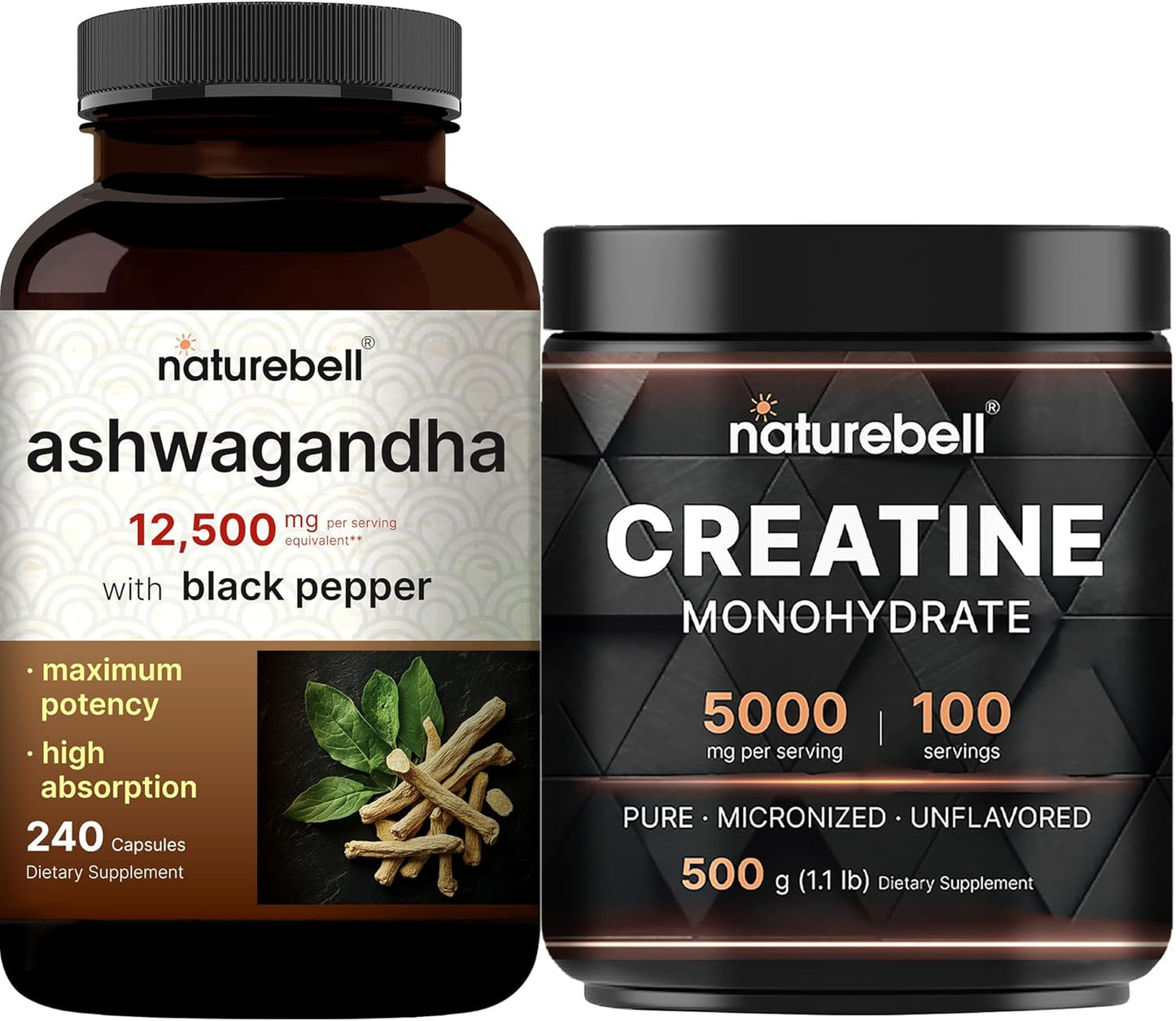High Absorption Creatine Monohydrate & Ashwagandha Powder Bundle Pack with Black Pepper - 12,500 mg Equivalent - Micronized Unflavored Supplements for Relaxation