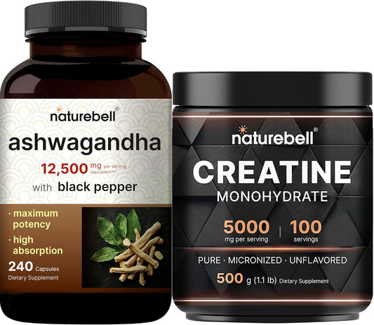 High Absorption Creatine Monohydrate & Ashwagandha Powder Bundle Pack with Black Pepper - 12,500 mg Equivalent - Micronized Unflavored Supplements for Relaxation