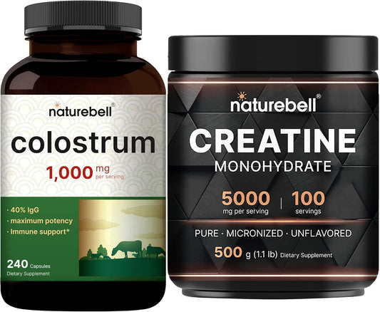 High Absorption Creatine Monohydrate Powder & Colostrum Capsules Bundle Pack - 1,000mg Per Serving - Grass Fed Bovine Colostrum - Micronized Creatine