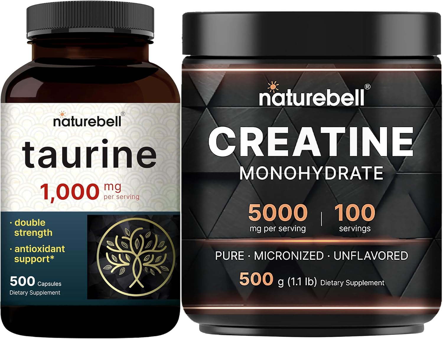 High Absorption Creatine Monohydrate Powder & Taurine Capsules Bundle Pack - 1,000mg Per Serving - Micronized Creatine - Amino Acids Supplement