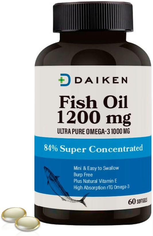 High Absorption DAIKEN rTG Omega 3 Fish Oil Softgels - 1000mg, 1200mg Burpless, Heart & Brain Support - 60 Mini Softgels