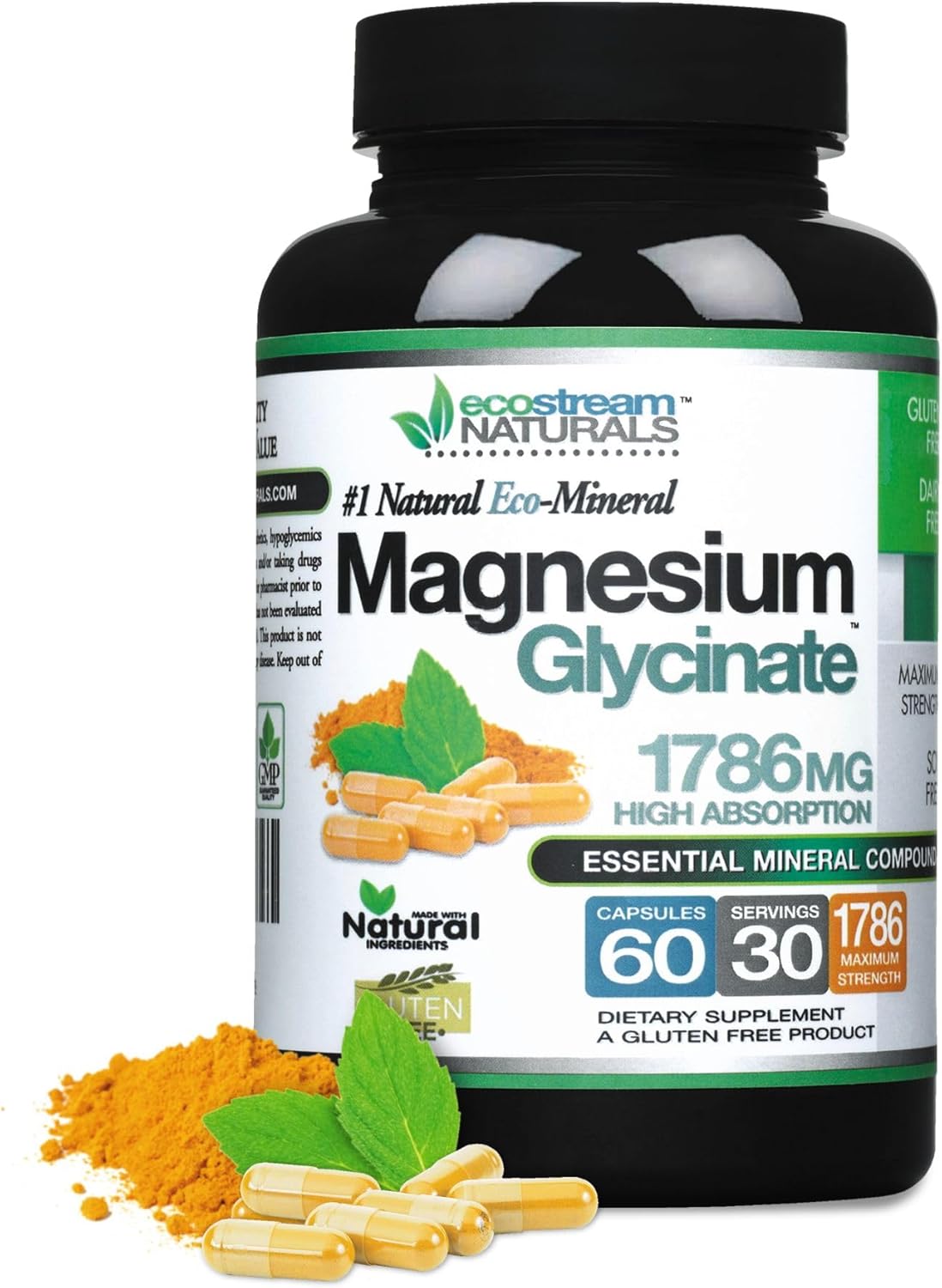 High Absorption ecostream Naturals Magnesium Glycinate 1786mg - Gluten Free - Essential Mineral Supplement
