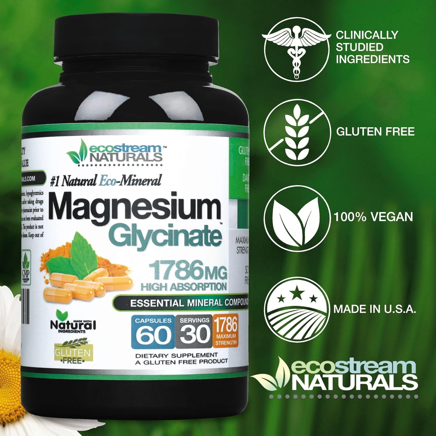 High Absorption ecostream Naturals Magnesium Glycinate 1786mg - Gluten Free - Essential Mineral Supplement