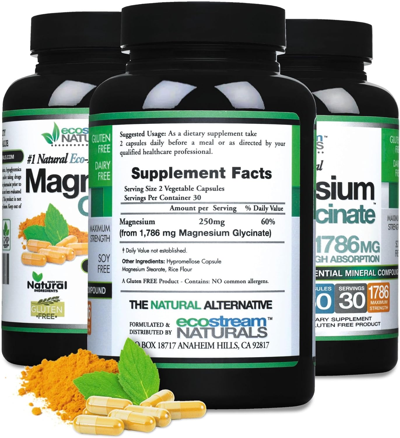 High Absorption ecostream Naturals Magnesium Glycinate 1786mg - Gluten Free - Essential Mineral Supplement