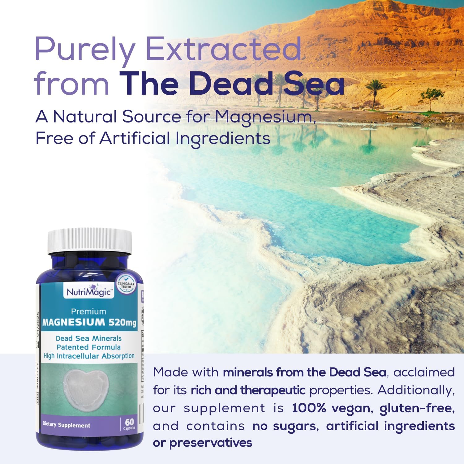 High Absorption Elemental Magnesium 520mg Capsules - Natural Dead Sea Mineral Complex for Heart, Muscle, Bone, Brain Health - Vegan, 60 Count - BoostGo Australia
