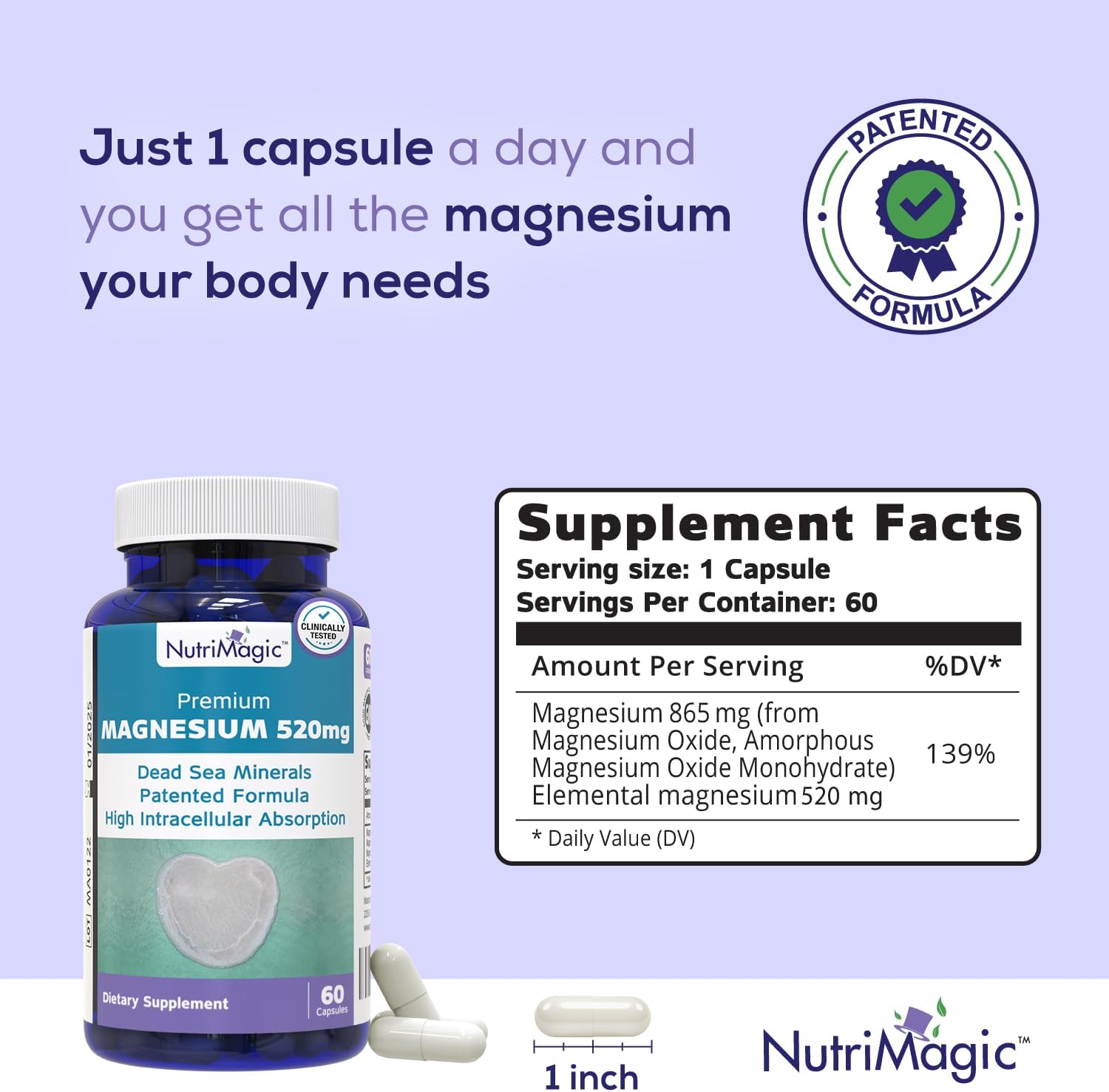 High Absorption Elemental Magnesium 520mg Capsules - Natural Dead Sea Mineral Complex for Heart, Muscle, Bone, Brain Health - Vegan, 60 Count - BoostGo Australia