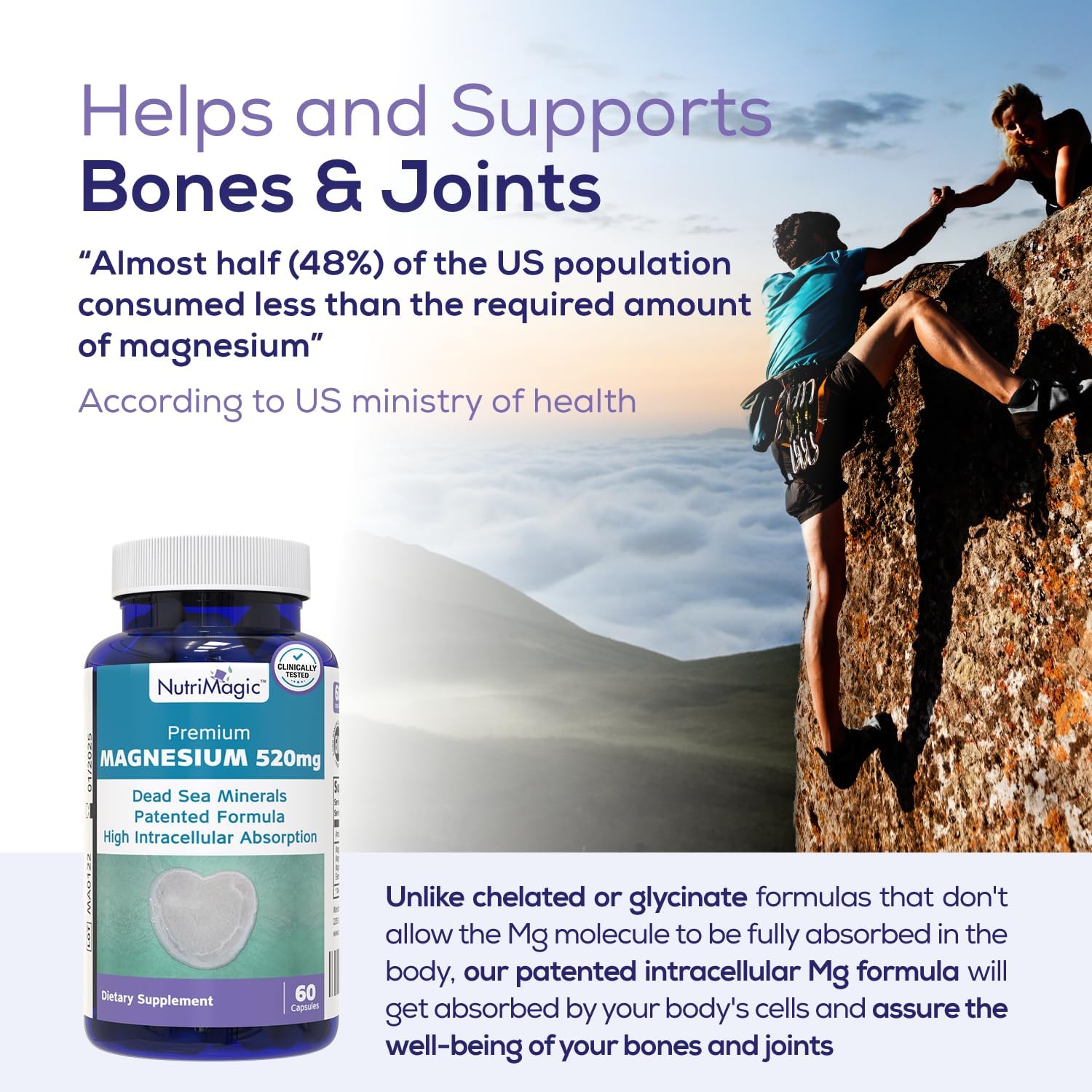 High Absorption Elemental Magnesium 520mg Capsules - Natural Dead Sea Mineral Complex for Heart, Muscle, Bone, Brain Health - Vegan, 60 Count - BoostGo Australia