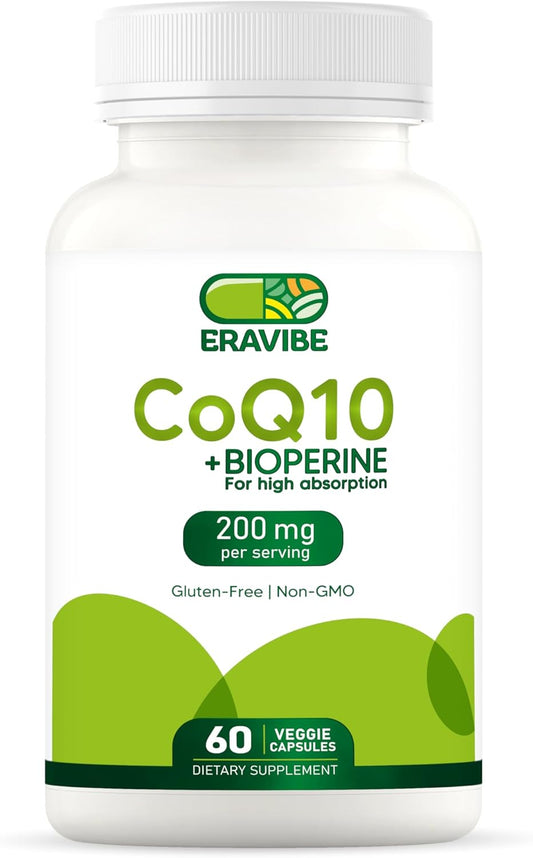 High Absorption ERAVIBE Pure CoQ10 with Bioperine - 200 mg, 60 Veggie Capsules - Antioxidant, Gluten-Free, Non-GMO - BoostGo Australia