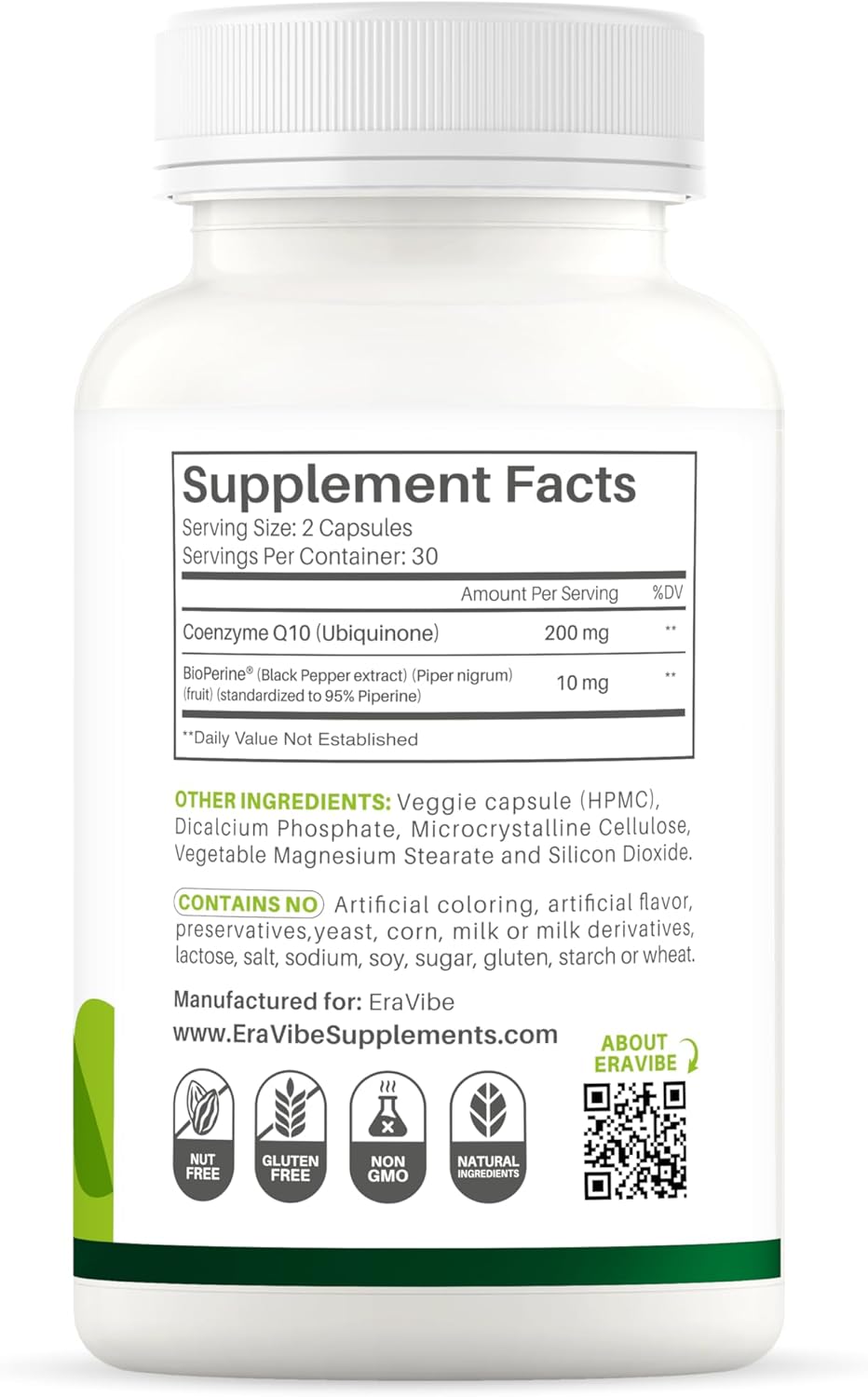 High Absorption ERAVIBE Pure CoQ10 with Bioperine - 200 mg, 60 Veggie Capsules - Antioxidant, Gluten-Free, Non-GMO - BoostGo Australia