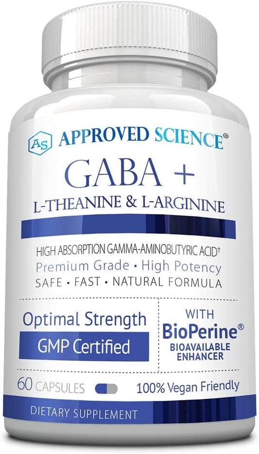 High Absorption GABA+ Supplement for Calm, Sleep, and Mood - With L-Theanine, L-Arginine, Vitamin B6, BioPerine - Vegan - 60 Capsules