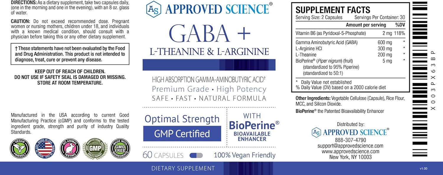 High Absorption GABA+ Supplement for Calm, Sleep, and Mood - With L-Theanine, L-Arginine, Vitamin B6, BioPerine - Vegan - 60 Capsules