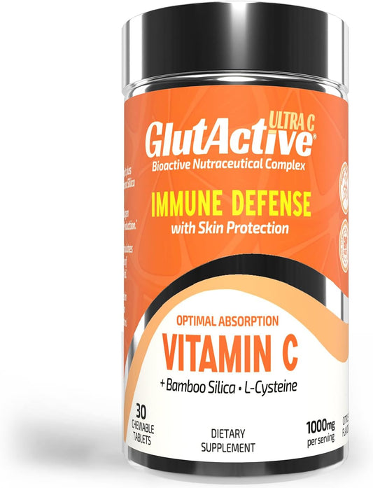 High Absorption GlutActive Ultra VIT-C 1,000mg Chewable Tablets - Immune Support & Collagen Builder - Antioxidant - 30 Tablets