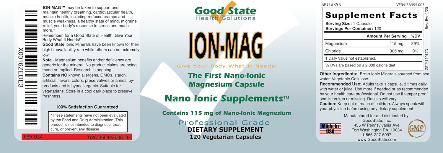High Absorption Ionic Magnesium Capsules - 115 mg per Serving - 120 Veggie Capsules - Good State ION-MAG