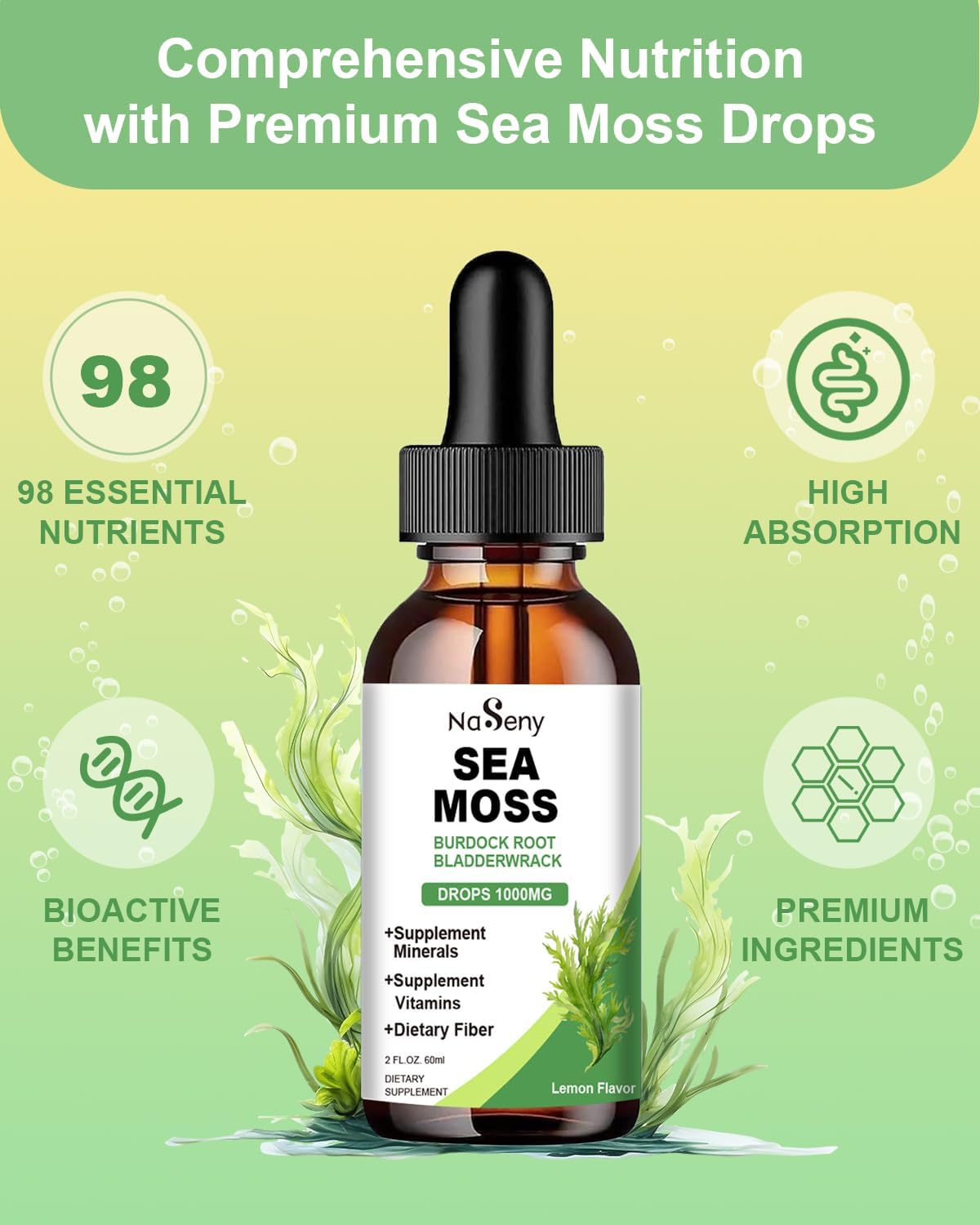 High Absorption Irish Sea Moss Liquid Drops Supplement - 1000mg Tincture with Vitamin & Minerals for Immune Support, Digestion, Energy - Lemon Flavor