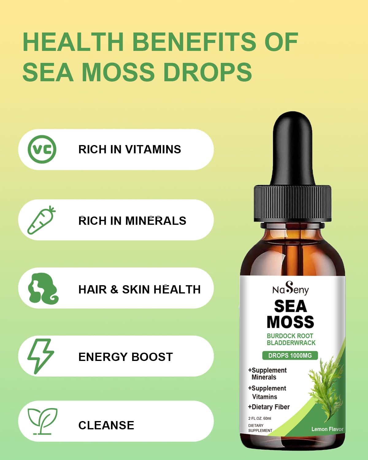 High Absorption Irish Sea Moss Liquid Drops Supplement - 1000mg Tincture with Vitamin & Minerals for Immune Support, Digestion, Energy - Lemon Flavor