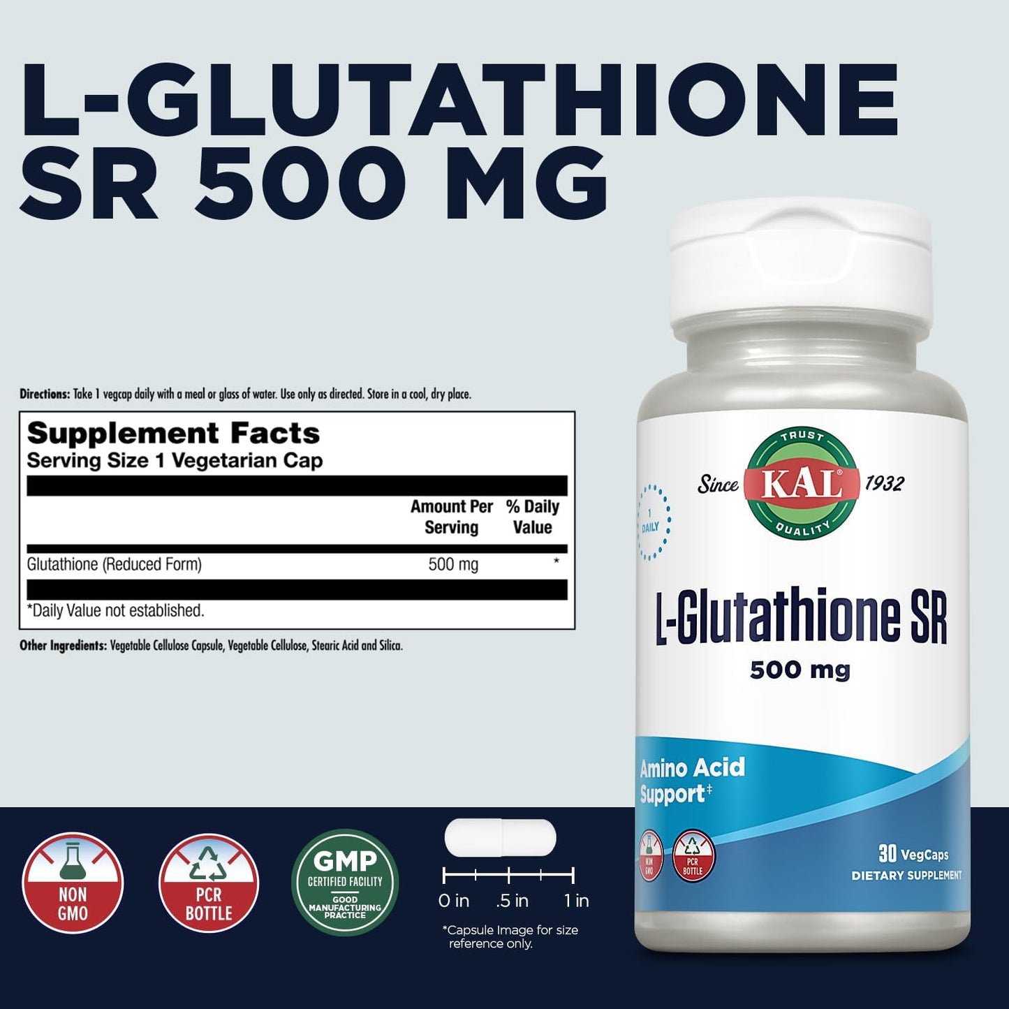 High Absorption KAL L-Glutathione SR Supplement, 30 VegCaps, Lab Verified Antioxidant - 30 Servings