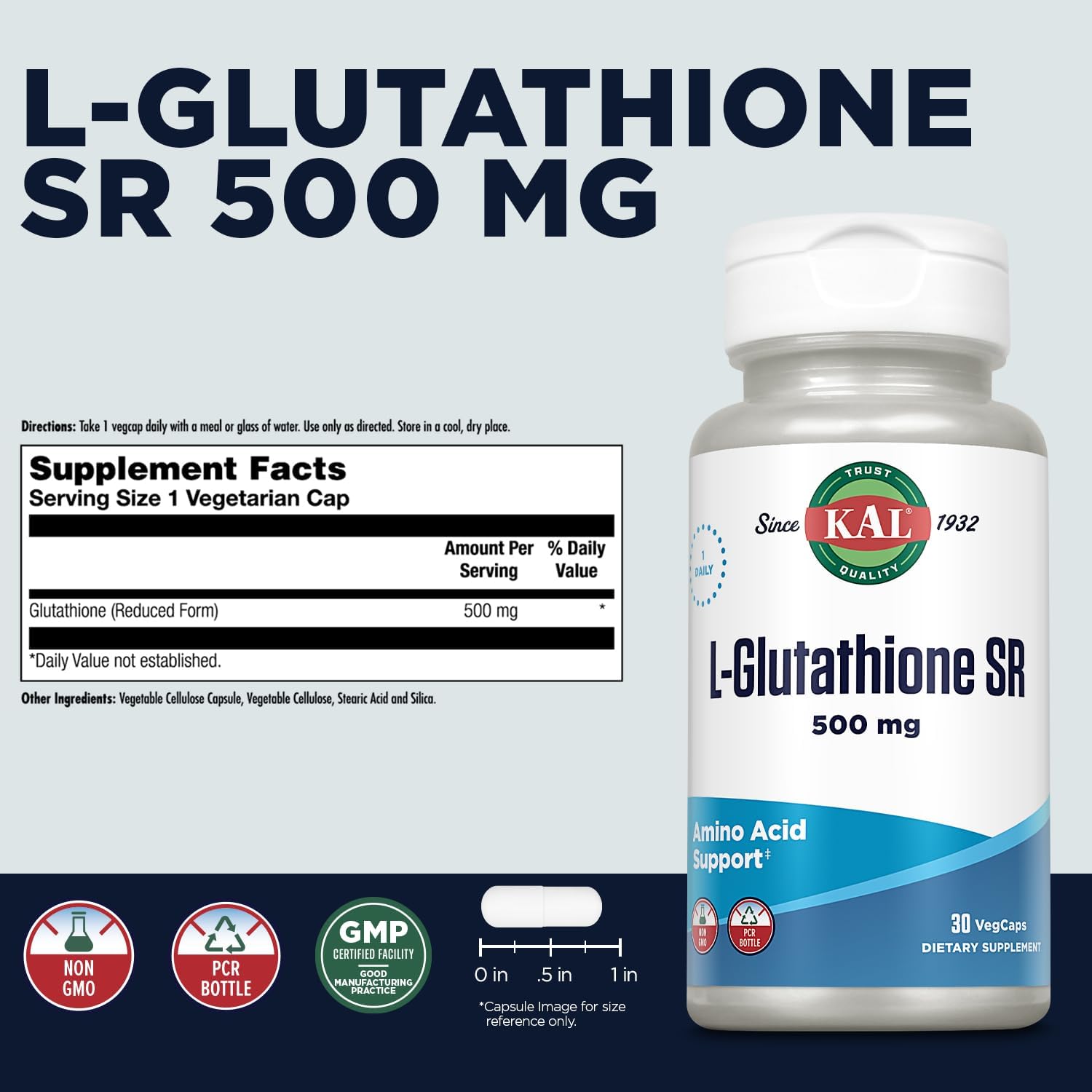 High Absorption KAL L-Glutathione SR Supplement, 30 VegCaps, Lab Verified Antioxidant - 30 Servings
